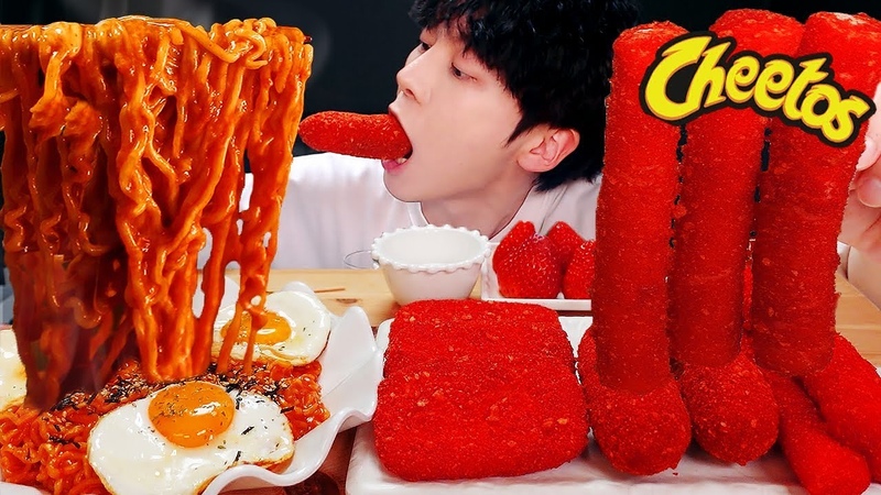 ASMR MUKBANG, 치즈 불닭볶음면 치토스 대왕 통 가래떡 튀김 핫도그 딸기 먹방 레시피