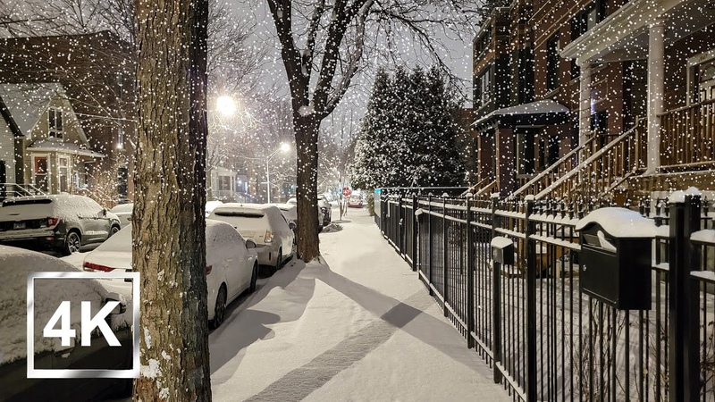 4 K Chicagos Logan Square Night Walking Tour in Fresh Snow ASMR