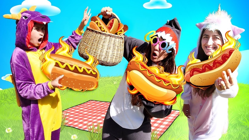 Drago cucina i panini nel parco Clown fanno il picnic. Video divertente per