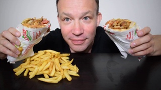 ASMR GREEK STREET FOOD CHICKEN GYRO PITTA, MUSTARD, KETCHUP, HALAL COCA LIGHT MUKBANG