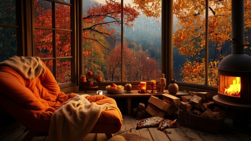 Rainy Autumn Day with Nice View into the Leafy Forest With Crackling Fire and Sleeping