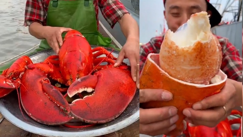 Fisherman Eat Giant Lobster Mukbang, Chinese Seafood Mukbang