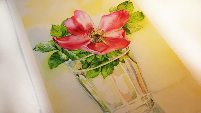 Цветок в стакане акварелью. A flower in a glass in