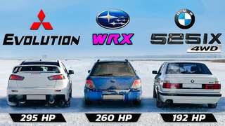 IceDrag: BMW 525ix vs Evolution X vs Subaru WRX GGA/GC8 vs Audi A4 Quattro | All Michelin Type