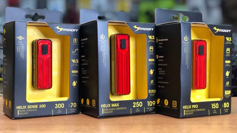 Задние велосипедные фонари Moon Helix Max 250, Moon Helix Pro 150, Moon Helix Sense